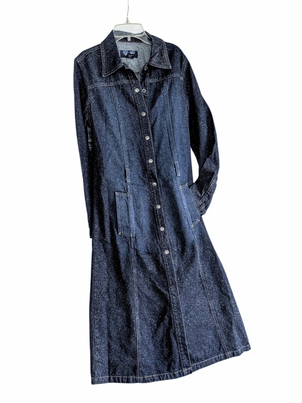 Angels Vintage Y2K Metallic Glitter Denim Duster Trench Jacket Dress, Size M